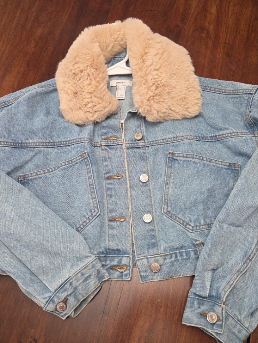 Forever 21 Crop Denim Jacket Faux Fur Removable Collar Women's Small